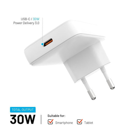 Fixed Зарядно без кабел GaN с USB-C порт 30W Power Delivery Бял (FIXCG30S-C-WH)