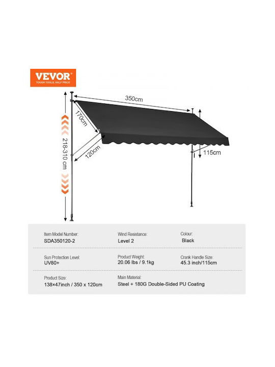 Vevor Zelt Terrasse Schwarz 3.5x1.2m