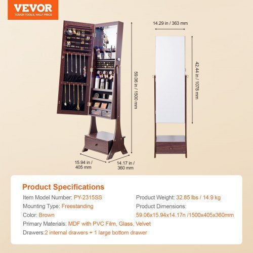 Vevor Oglindă De Podea Cu Cadru Din Lemn Maro 157x41cm