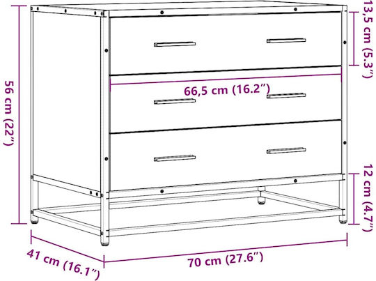 Wooden & Metallic Chest of Drawers Smoked Oak 70x41x56cm