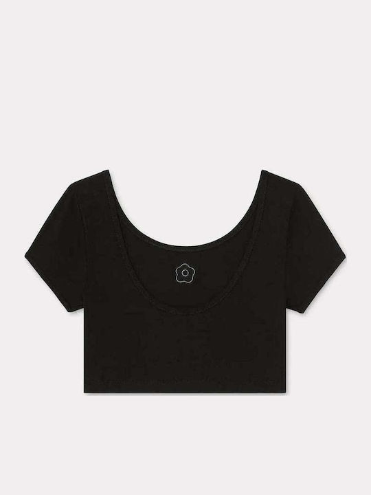 Women's Blouses Boke Flower 2.0 Cotton Short Sleeve Floral Black Crop Top
