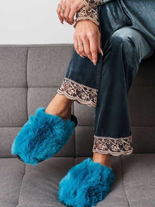 Blue Fluffy Home Fur Slippers