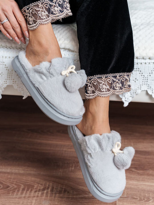 Gray Fur House Slippers with Decorative Pom-poms