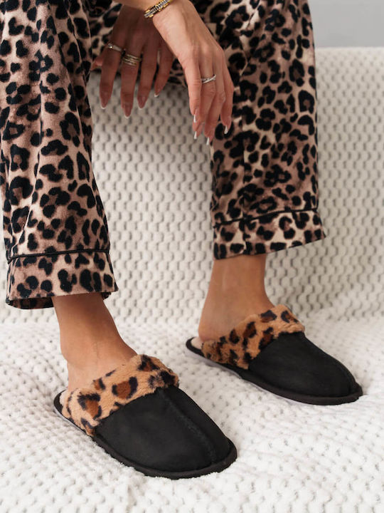 Black Home Slippers with Print and Warm Fur