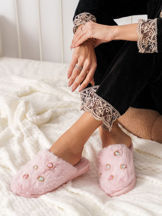 Pink Fluffy House Slippers with Multicolored Crystals