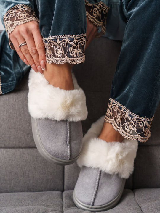 Grey Soft House Slippers with Fluffy Lining