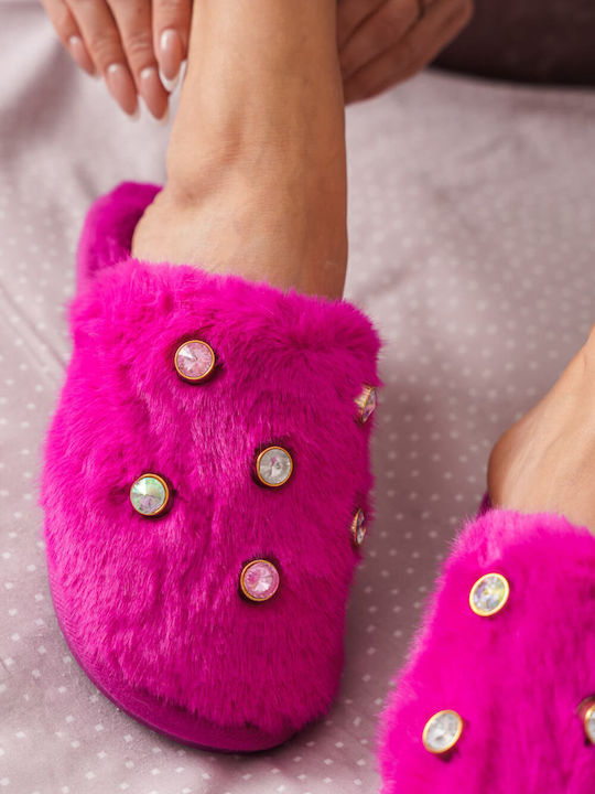 Papuci de casă pufoși fucsia cu cristale multicolore