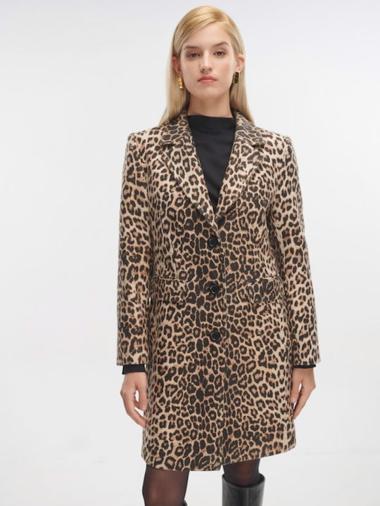 Femeie Leopard Coffee Palton cu Nasturi