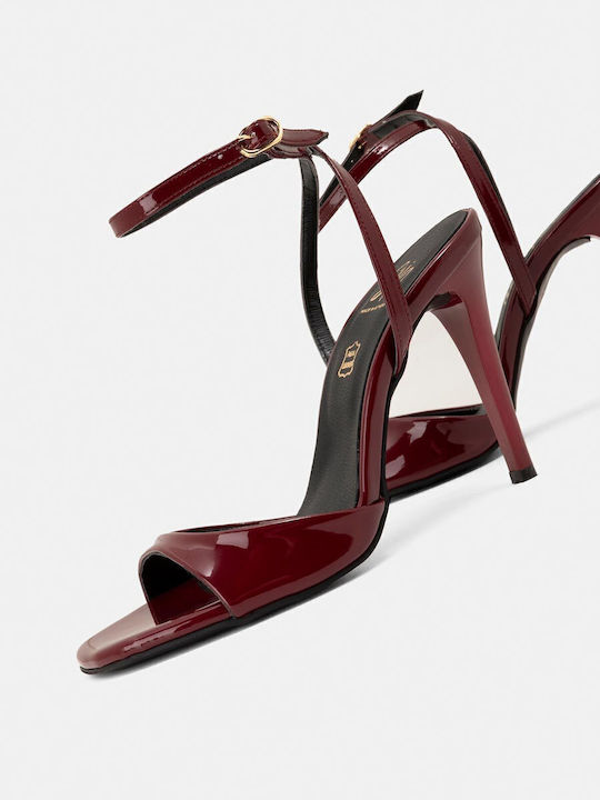 Patent Leather Women's Sandals with Ankle Strap Burgundy with Thin High Heel