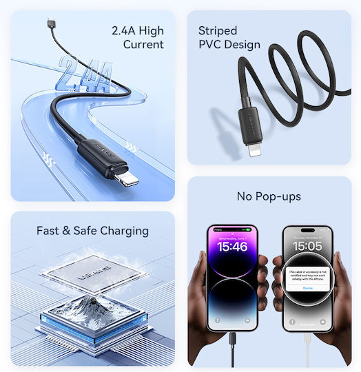 Usams Us-sj689 USB-A to Lightning Cable 12W Μαύρο 1m (SJ689USB01)