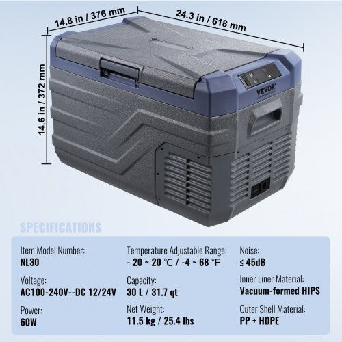 Vevor Преносим Хладилник 30л Капацитет 100-240V / 12V / 24V Сив