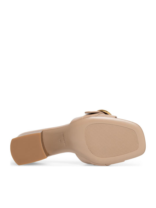 Mules with Chunky Heel in Beige Color