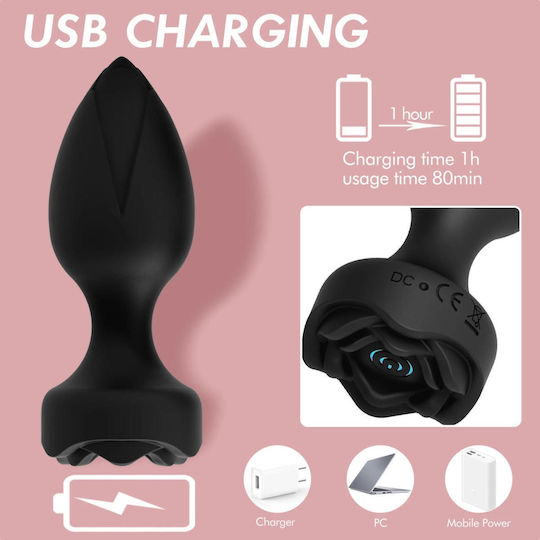 Power Escorts Принцес Плъг Дистанционно Розов Дизайн Плъг USB Зареждащ се 10 Функции Черен