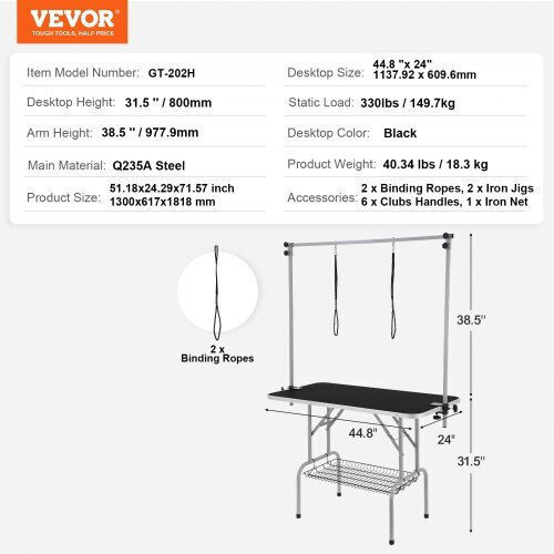 Vevor Folding Pet Grooming Table with Two Clamp Arms 117cm for Medium Small Dogs, 149.7kg Capacity Zdmrz46inch0i6658v0