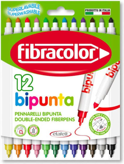 Fibracolor Bipunta Μαρκαδόροι Ζωγραφικής 2mm Λεπτοί, με Διπλή Μύτη, Πλενόμενοι Σετ 12 χρώματα