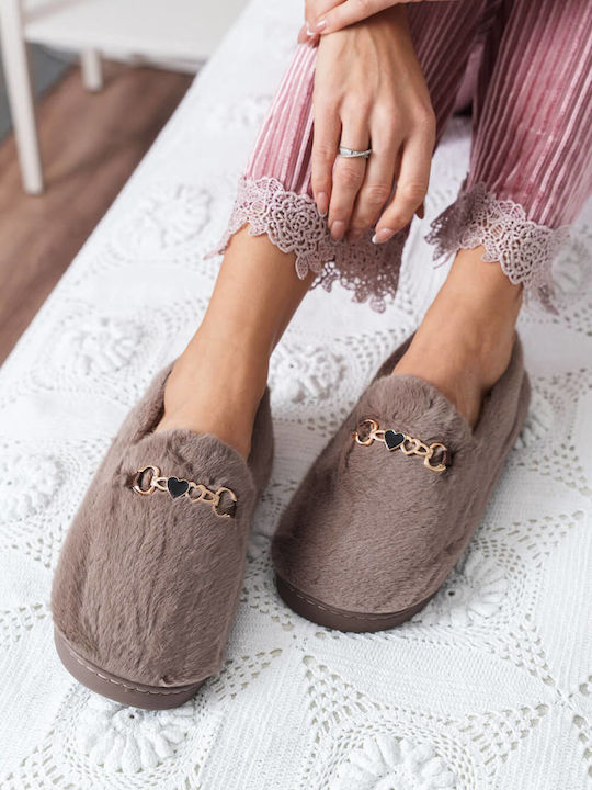 Gray Slippers with Black Decorative Heart