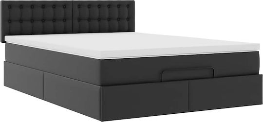 Double Bed Upholstered with Black Faux Leather with Storage Space Slats & Mattress 140x200cm