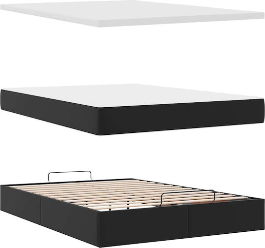 Double Bed Upholstered with Black Faux Leather with Storage Space Slats & Mattress 140x200cm