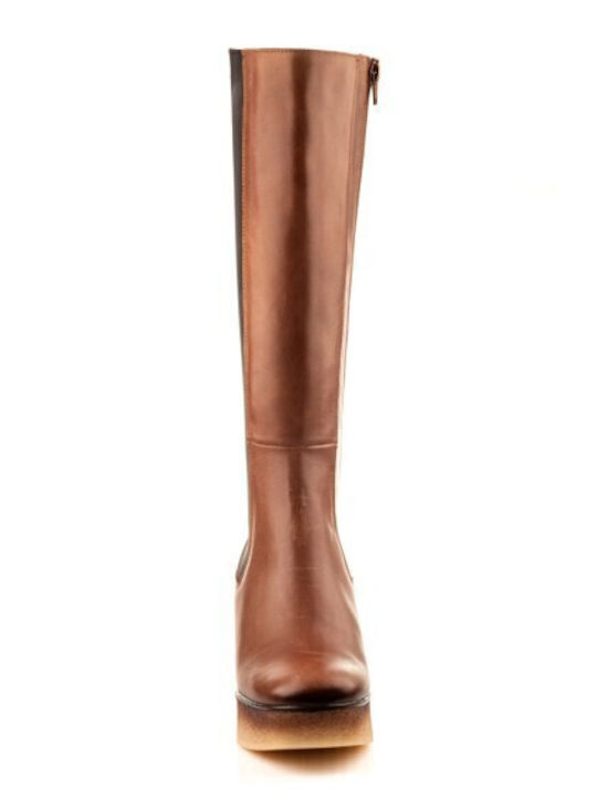 Leather High Heel Women's Boots with Rubber / Zipper Brown
