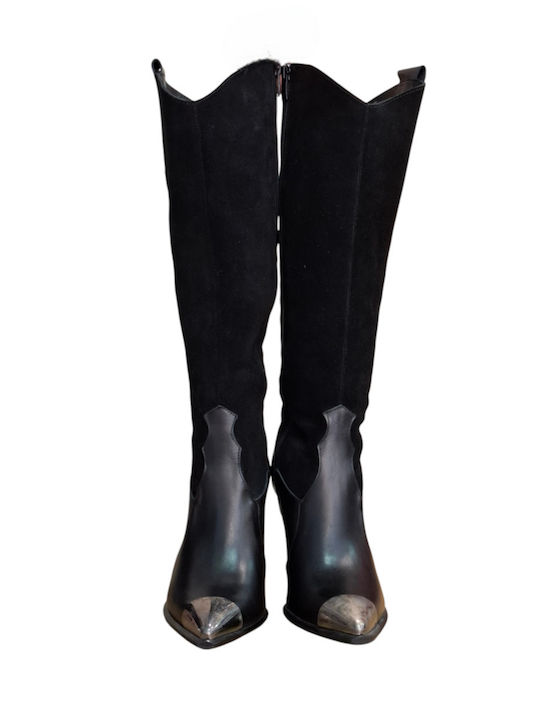Leder Damenstiefel mit hohem Absatz Schwarz