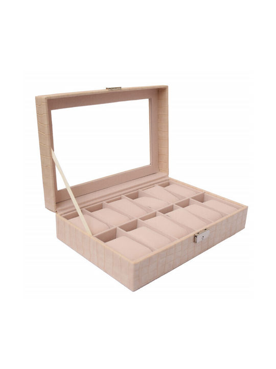 Elegante Aufbewahrungsbox mit Fächern 12 Uhren Krokodilprägung Creme