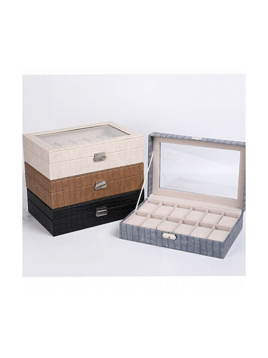 Elegante Aufbewahrungsbox mit Fächern 12 Uhren Krokodilprägung Creme