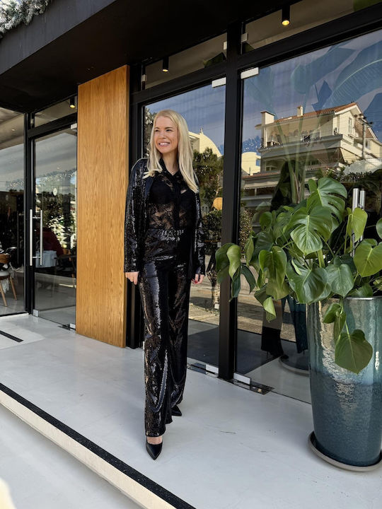 Donna Martha Γυναικείο Σακάκι Μαύρο με Παγιέτες