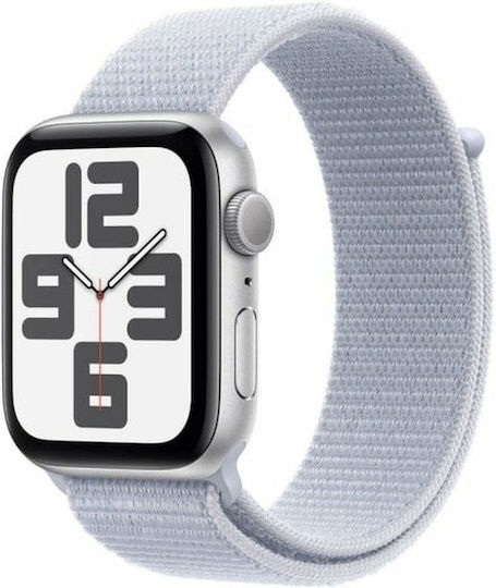 Apple Watch SE 2024 Aluminium 44mm Wasserdicht mit Pulsmesser (Silver with Blue Cloud Sport Loop)