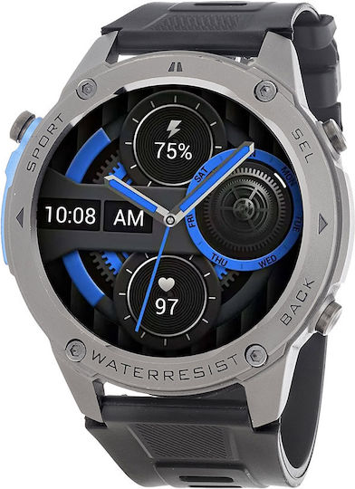 3Guys Stainless Steel 50mm Smartwatch with Heart Rate Monitor (Grey Silicone Strap)