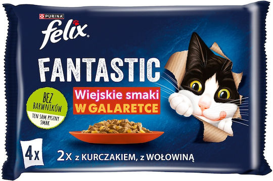 Purina Felix Fantastic Υγρή Τροφή για Ενήλικες Γάτες σε Φακελάκι με Βοδινό και Κοτόπουλο 4x85gr