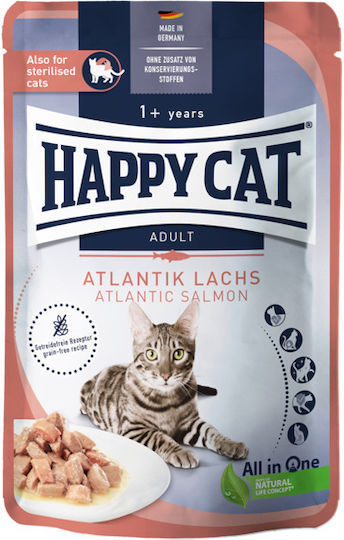 Happy Cat Meat In Sauce Adult Sterilised Wet Food for Adult Cats in Pouches with Salmon Grain-Free 85gr