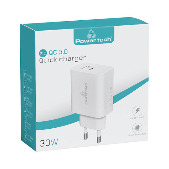 Powertech Φορτιστής Χωρίς Καλώδιο με Θύρα USB-A και Θύρα USB-C 30W Power Delivery / Quick Charge 3.0 Λευκός (PT-1044)