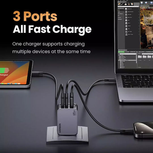 Ugreen Charger GaN with USB-A Port and 2 USB-C Ports and Cable USB-C - USB-C 65W Power Delivery / Quick Charge 4.0 Gray (Nexode Pro)