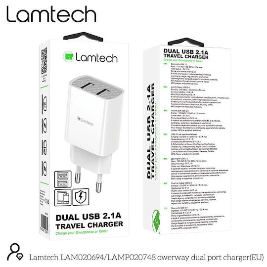 Lamtech Φορτιστής Χωρίς Καλώδιο με 2 Θύρες USB-A Λευκός (LAM020694)