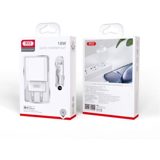 XO Charger with USB-A Port and Cable Lightning 18W Quick Charge 3.0 Whites (CE02D)