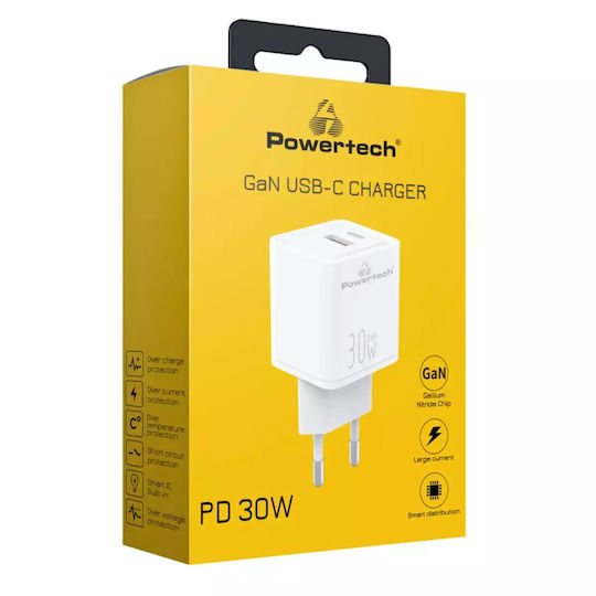 Powertech Φορτιστής Χωρίς Καλώδιο GaN με Θύρα USB-C 30W Power Delivery Λευκός (PT-1093)