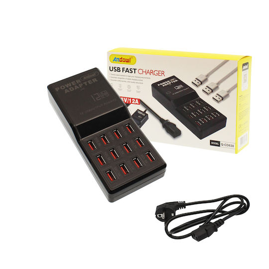 Andowl Ladestation mit 12 USB-A Anschlüsse 60W in Schwarz Farbe (Q-CD630)