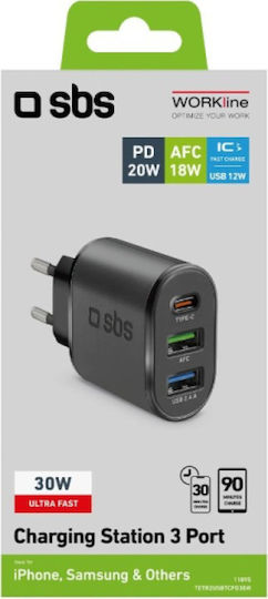 SBS Φορτιστής Χωρίς Καλώδιο με 2 Θύρες USB-A και Θύρα USB-C 30W Power Delivery Μαύρος (TETR2USBTCPD30W)