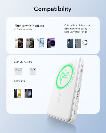 ESR Qi2 MagSlim MagSafe Power Bank 10000mAh 15W Бял
