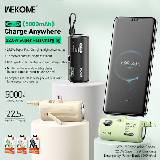 WK WP-19 Power Bank 5000mAh 22.5W με 2 Θύρες USB-C Μπεζ