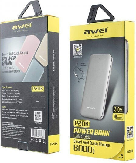 Awei P20K Power Bank 8000mAh με Θύρα USB-A Χρυσό