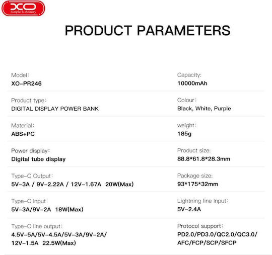 XO PR246 Power Bank 10000mAh 20W Power Delivery Μωβ