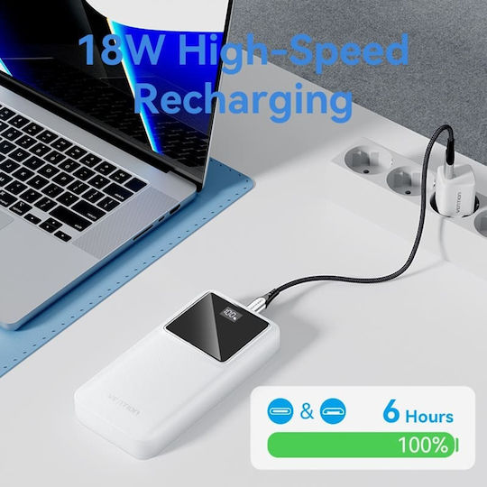 Vention FHLW0 Power Bank 20000mAh 22.5W με 2 Θύρες USB-A και Θύρα USB-C Λευκό