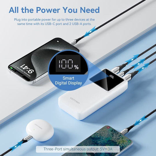Vention FHLW0 Power Bank 20000mAh 22.5W με 2 Θύρες USB-A και Θύρα USB-C Λευκό