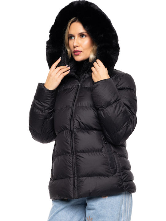 Women's Short Puffer Jacket for Winter with Detachable Hood Black