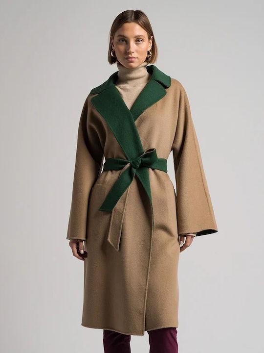 Wool Women's Dark Green / Beige Coat