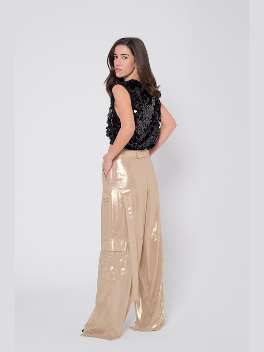 Pinko Women's Fabric Trousers in Palazzo Fit Gold