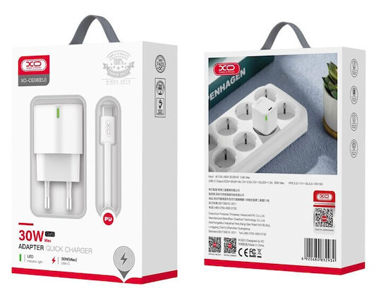 XO с USB-C порт и кабел USB-C - Lightning 30W Power Delivery Бял (CE06)