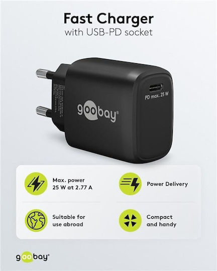 Goobay Φορτιστής Χωρίς Καλώδιο με Θύρα USB-C 25W Power Delivery Μαύρος (65367)