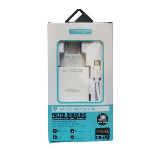 Treqa Ladegerät mit USB-A Anschluss und USB-C Anschluss und Kabel Blitzschlag 20W Stromlieferung Weißs (CH-643)